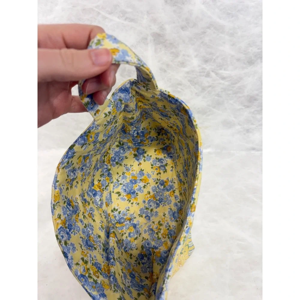 Vintage Quilted Patchwork Fabric Basket Yellow Blue Floral Gingham Storage Bin